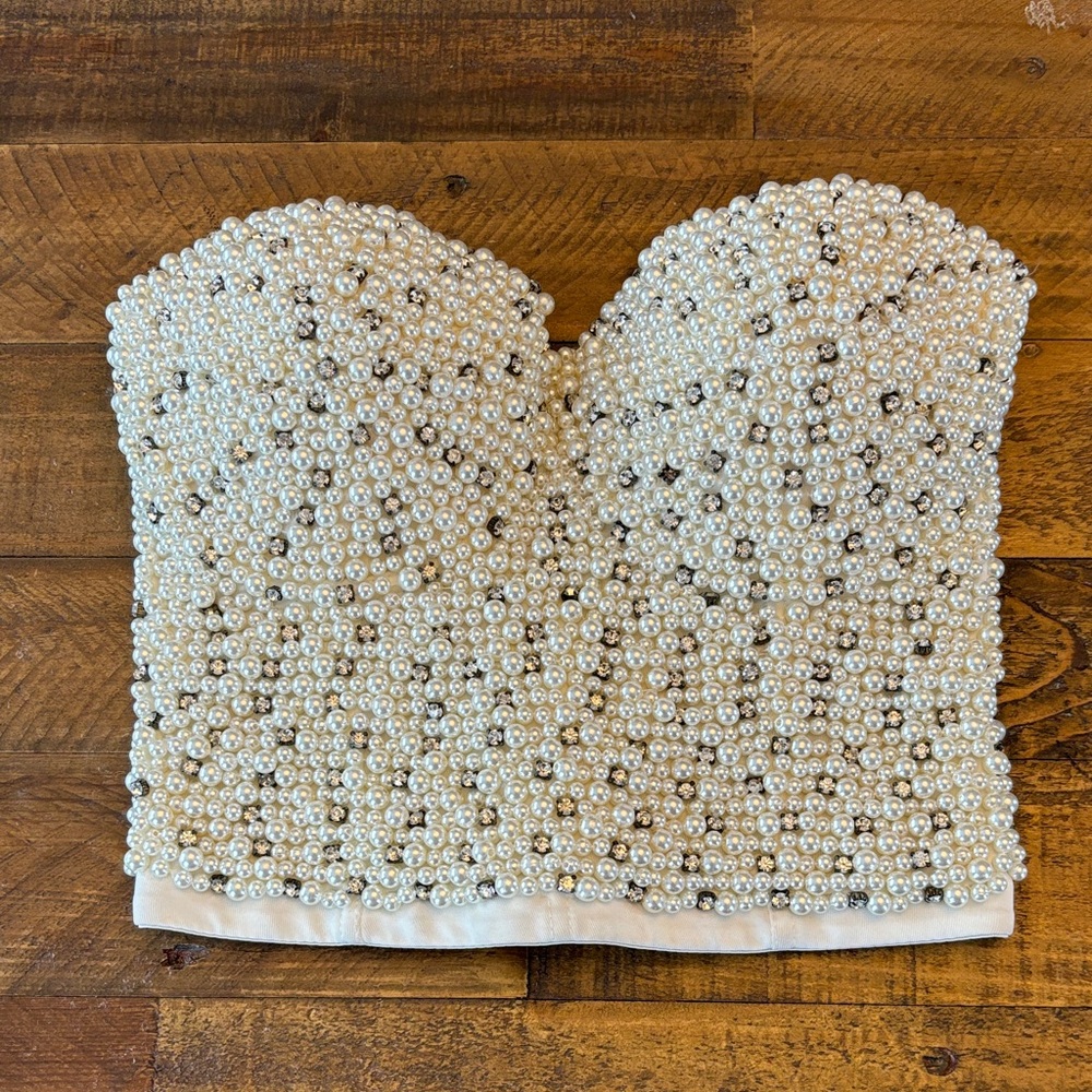 Elegant Pearl-Embellished Strapless Top